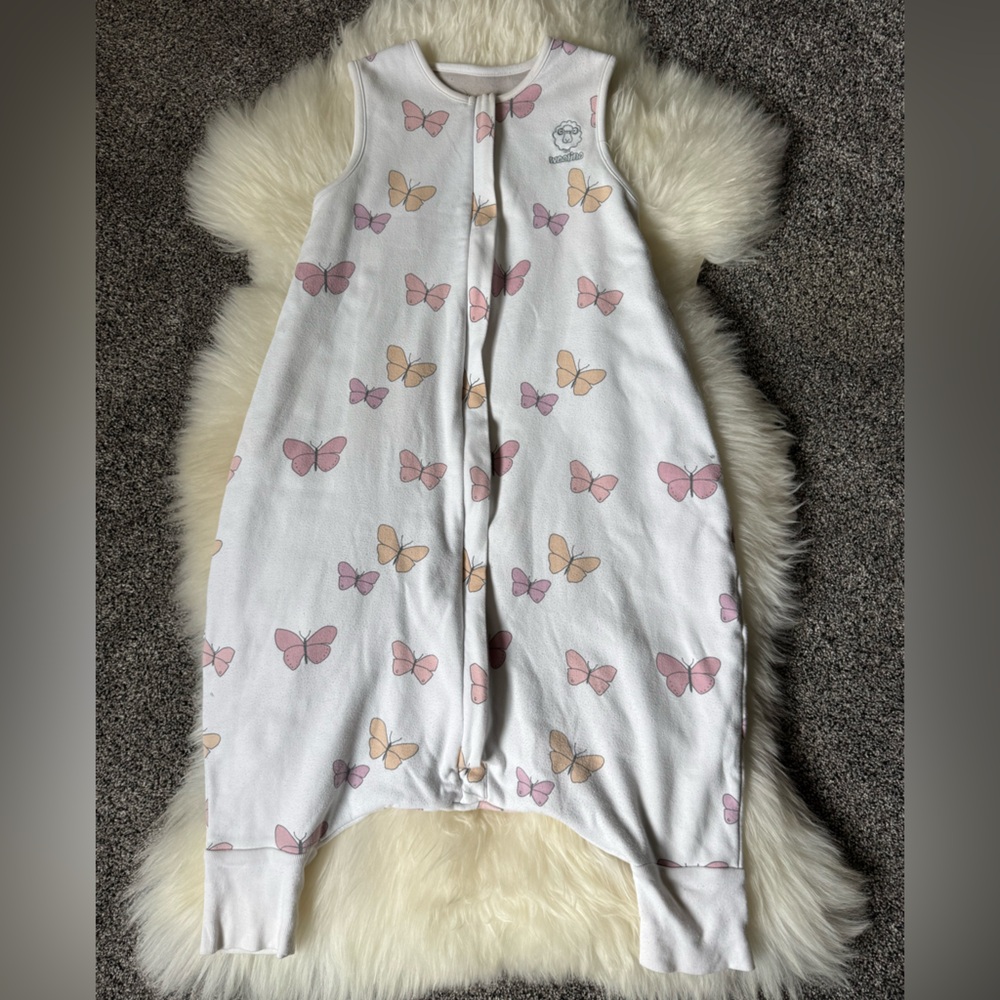 Woolino 4 season sleep bag, Merino wool, 18-36 mos, white with butterflies